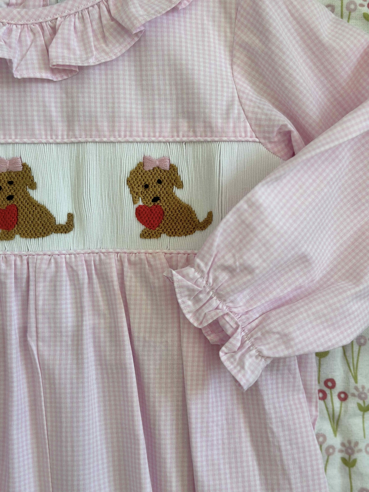 Girls Puppy Love Smocked Gingham Dress