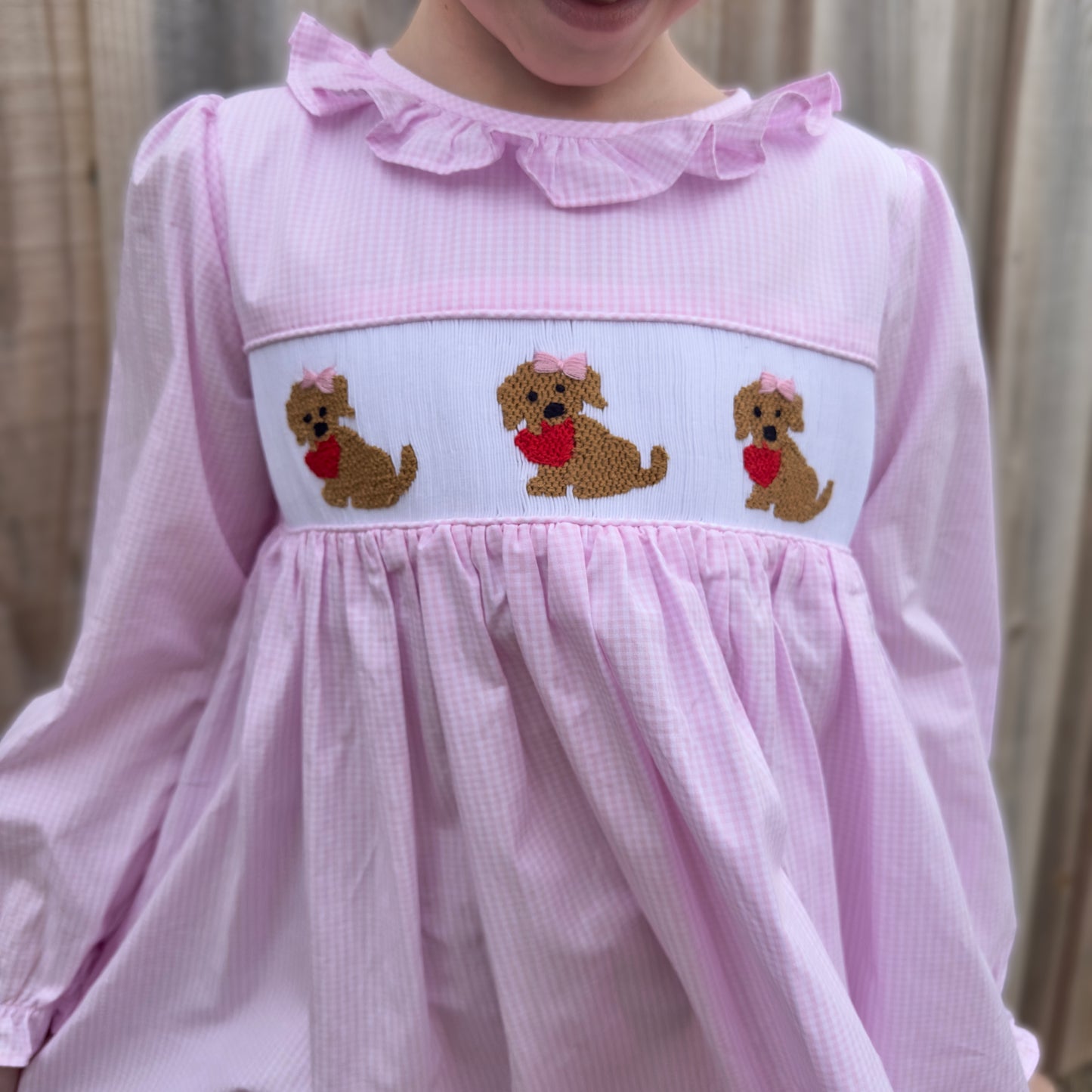 Girls Puppy Love Smocked Gingham Dress