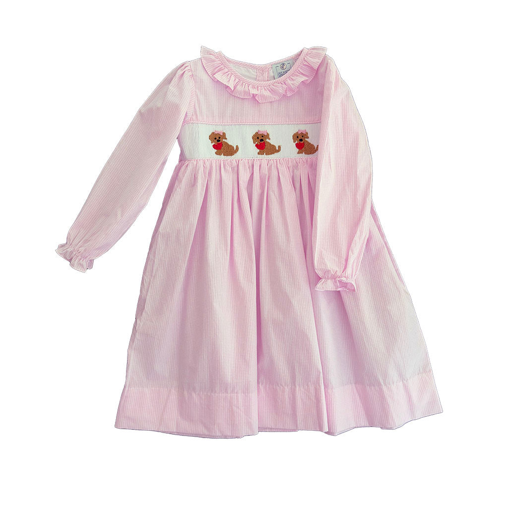 Girls Puppy Love Smocked Gingham Dress