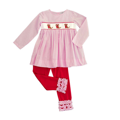 Girls Puppy Love Smocked Gingham Pant Set